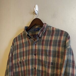 Pendleton Mens L Long Sleeve Button Down Shirt Cotton Fall Green Orange Mustard